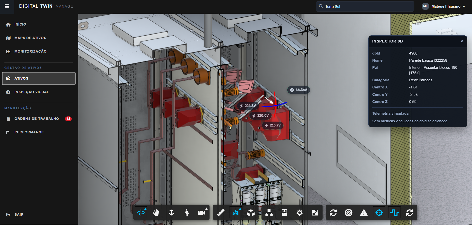 Tela 2 do aplicativo com inspeção visual e telemetria 3D
